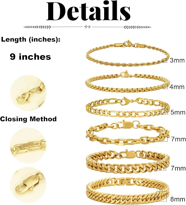 XIANNVXI 6pcs Bracelets for Men Gifts for Him Stainless Steel Bracelet Silver/Gold/Black Cuban Link Rope Paperclip Chain Bracelets Set 6.5/7/7.5/8.3/9 Inches Metal Bracelet Mens Fashion Accessories Jewelry Gifts Set