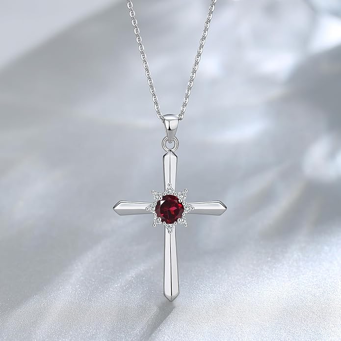 FANCIME Birthstone Cross Necklace for Women Sterling Silver Birthstone Necklace Halo Infinity Cross Pendant Necklace Fine Jewelry Valentines Day Gifts Birthday Holiday Gifts for Her, 16"+2" Inches