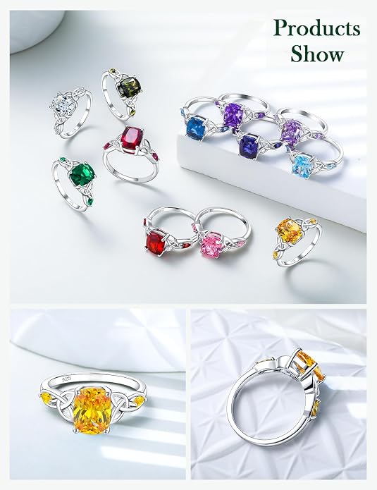 925 Sterling Silver Birthstone Rings for Women Cushion Cut Engagement Celtic Knot Ring Irish Jewelry Created Gemstone Anniversary Rings Size 6-10(with Box)