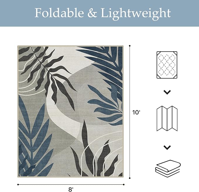 GENIMO 8x10 Outdoor Rug, Washable Quick Dry for Patio, Navy Grey | Botanical leaf design for backyard; fade resistant chenille with quick-dry non-slip backing for indoor living rooms.
