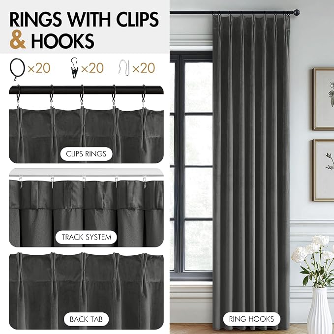 MIULEE Gray Velvet Curtains 96 inches Long, Pinch Pleated Blackout Drapes with Hooks, Thermal Insulated Pinch Pleat Panels for Bedroom Living Room, 2 Panels