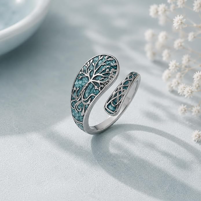 SNOWELLE Turquoise Spoon Rings S925 Sterling Silver Turquoise Adjustable Ring Jewelry Gift for Women Men