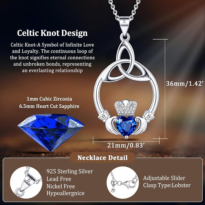 Gift Birthstone Necklaces for Women 925 Sterling Silver Irish Claddagh Necklace for Women Heart Birthstone Pendant Necklace Anniversary Birthday Gifts for Wife Lady Cable Chain 18"+2"