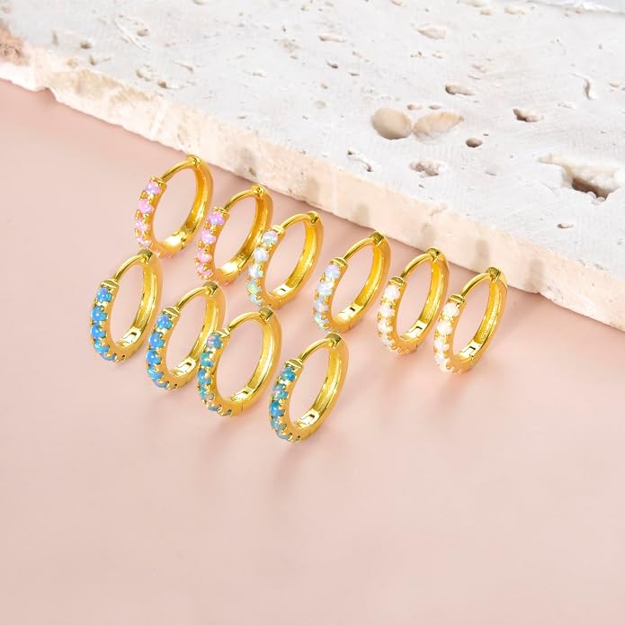 Tiny Mini Opal Huggie Hoop Earrings Upper Ear Cartilage Helix 18k Gold Plated Silver Minimalist Simple Small 10mm 8mm 6mm Hoop Earrings