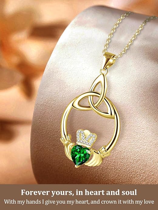 Gift Birthstone Necklaces for Women 925 Sterling Silver Irish Claddagh Necklace for Women Heart Birthstone Pendant Necklace Anniversary Birthday Gifts for Wife Lady Cable Chain 18"+2"