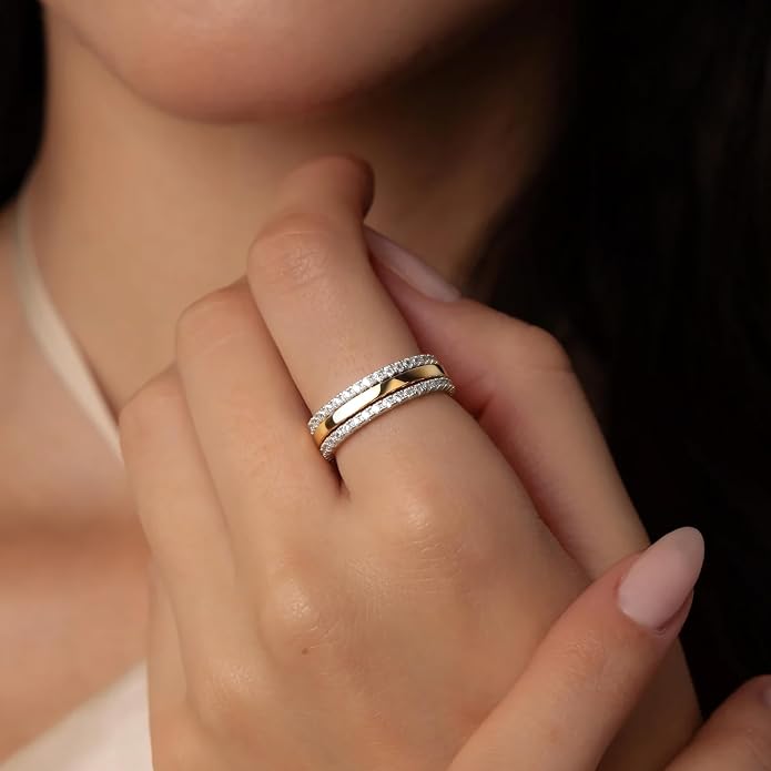 Purplepig Stackable Rings for Women Non Tarnish, Two Tone Mixed Metal Dainty Eternity Band Set, 14K Gold & Sterling Silver Plated Cubic Zirconia Hypoallergenic Wedding Thumb Pinky Rings Size 4-11