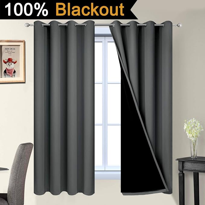Yakamok Dark Grey 100% Blackout Curtains 63 Inches Long 52" Wide 2 Panels | Blackout Curtain Panels for Bedroom, 2 Thick Layers Grommet Top Thermal Insulated Drapes with Black Liner for Living Room