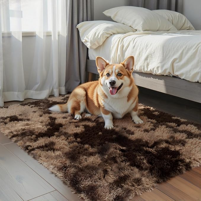 Fluffy Rug Shag Area Rug,Dark Coffee Tie-Dyed 3x5 Area Rugs for Bedroom | Non-Slip Small Soft Bedside Rug for Entryway,Living Room and Home Office
