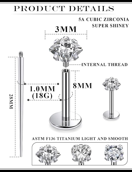 20G 18G 16G Astm F136 Titanium Internal Thread Flat Back Earrings Nose Studs Tragus Helix Conch Cartilage Lobe Earrings Medusa Labret Snake Bite Monroe Lip Ring Piercing Jewelry For Women Men