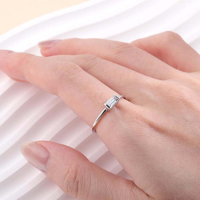 Baguette Moissanite Rings for Women: 925 Sterling Silver Baguette Ring Stackable 0.75CT White Gold-plated Jewelry for Her Anniversary Engagement Gift