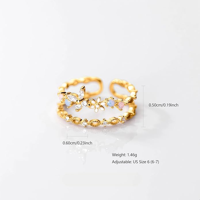 LOVECOM 925 Sterling Silver Butterfly Daisy Flower Rings for Women Mothers Self Love Ring for Myself Adjustable Gold Layered Colorful Opal Cubic Zirconia Stackable Ring Jewelry Gifts to Daughter