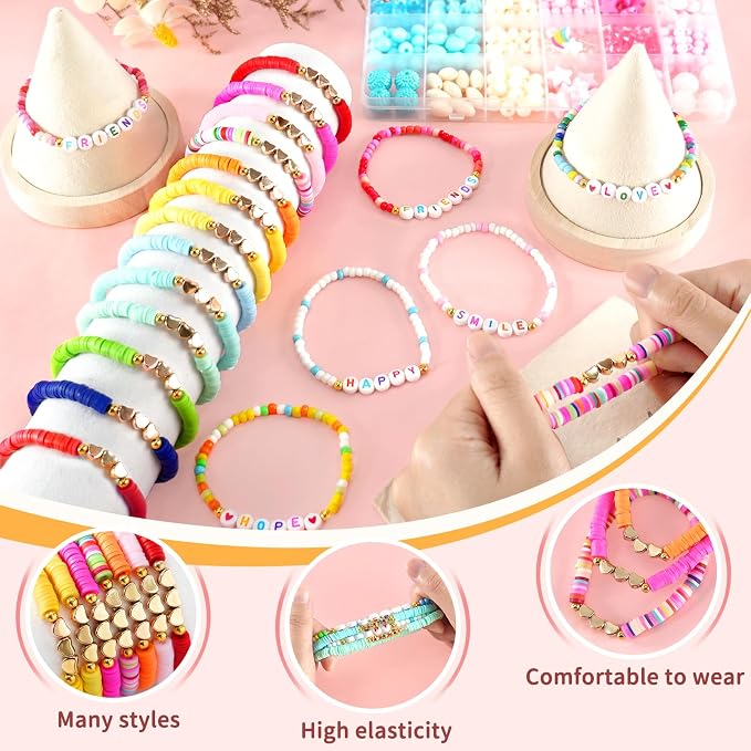 96PCS Friendship Bracelets Bulk for Women, Stackable Colorful Clay Beaded Bracelet with Heart Charms, Preppy Y2K Galentines Day Bracelets Surfer Heishi Bracelet Rainbow Matching Gifts & Party Favors