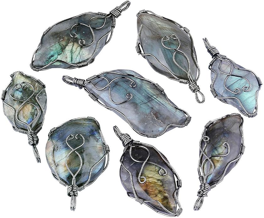 TUMBEELLUWA Labradorite Necklace Irregular Shape Wire Wrapped Quartz Crystal Pendant with Chain Healing Stone Jewelry