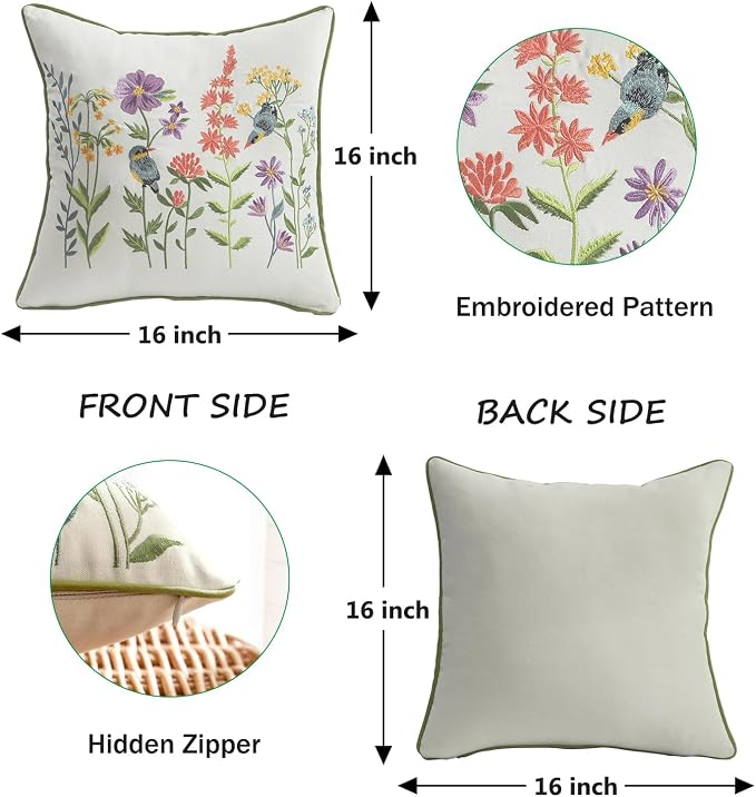 Embroidered Throw Pillow Covers 16 x 16 Set of 2 Vintage Birds with Flowers Pillow Cover Farmhouse Pillow Cushion Cases Summer Decorative Pillowcases Home Decor Square Floral Pillow Case
