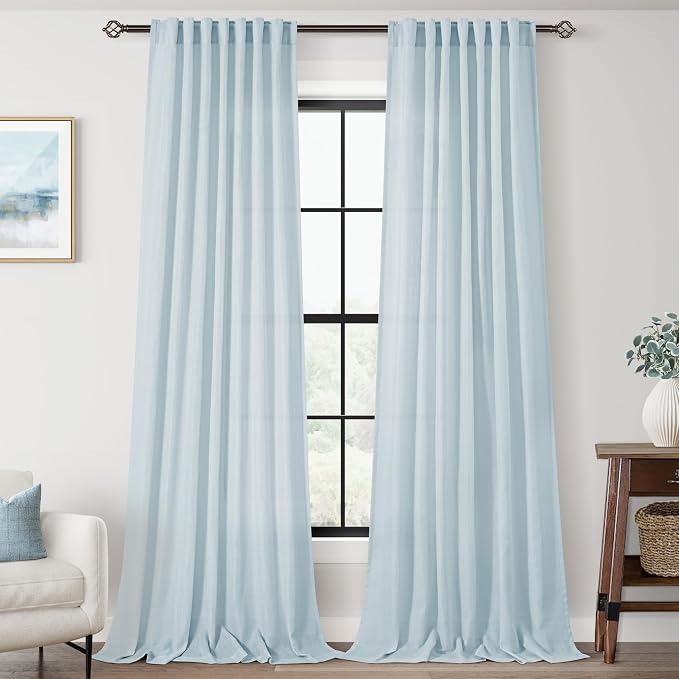 Sky Blue Curtains 90 Inch Length for Bedroom Back Tab Light Filtering Semi Sheer Living Room Curtains Linen Cotton Textured Drapery Panel Aesthetic Decor 52x90