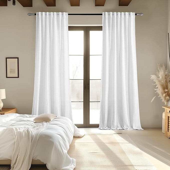 MIULEE White Linen Curtains 90 Inch Long 2 Panels for Bedroom Living Room, Soft Thick Linen Textured Back Tab Window Drapes Semi Sheer Light Filtering Rod Pocket Modern Farmhouse Decor