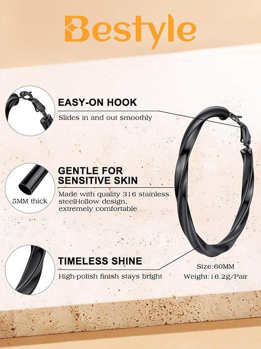 Bestyle 5mm Thick Gold Hoop Earrings Hypoallergenic Hoops for Sensitive Ears Trendy Lightweight Chunky Earrings for Women 30/40/60/80mm