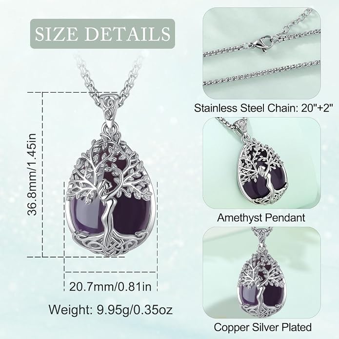 EUDORA Tree of Life Necklace with Moonstone Amethyst Obsidian Turquoise Healing Crystal for Women, Silver Plated Copper Mother Tree of Life Pendant Amulet Energy Jewelry, Gift for Women Mom, 20"+2"