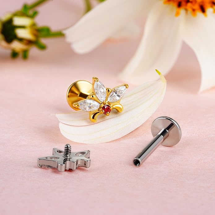 FINE4U ASTM F136 Titanium Piercing Jewelry Stud - 16G 6mm 8mm Triple Marquise Lotus Flower Cartilage Earring, Hypoallergenic Flatback Bridal Jewelry