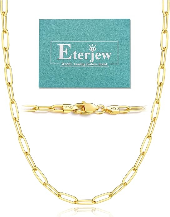 18K Gold Plated and 925 Sterling Silver Paperclip Chain Necklace for Women, 3mm 4mm Women's Chain Necklace, World's Top Craftsmanship Necklace for Women 16 18 20 22 24 26 Inch