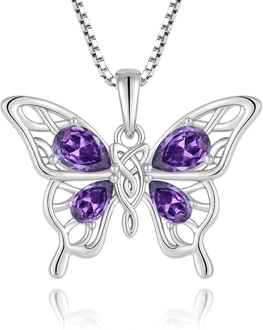 Butterfly Necklace 925 Sterling Silver Celtic Knot Pendant Teardrop Birthstone Twisted Jewelry for Women