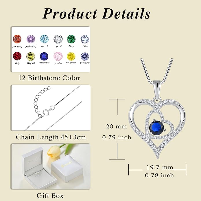 Love Heart Necklace for Women 925 Sterling Silver Birthstone Pendant Necklace Dainty Jewelry for Women Wife Mother Christmas Birthday Mother's Day Gift