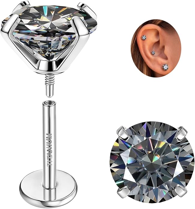 GEMQUEEN Moissanite Earrings G23 Titanium Extended Internal Thread Flat Back Earrings Hypoallergenic Tragus Cartilage Helix Conch Piercing Jewelry for Women Men 18G 6/8mm Post Gray/D Color 0.2-3CT