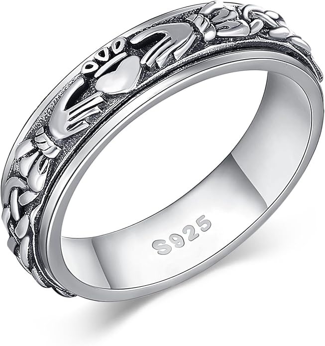 Fidget Spinner Rings 925 Sterling Silver Claddagh Celtic Knot/Moon Star Anxiety Ring Irish Claddagh Jewelry Gifts for Women Girls Men