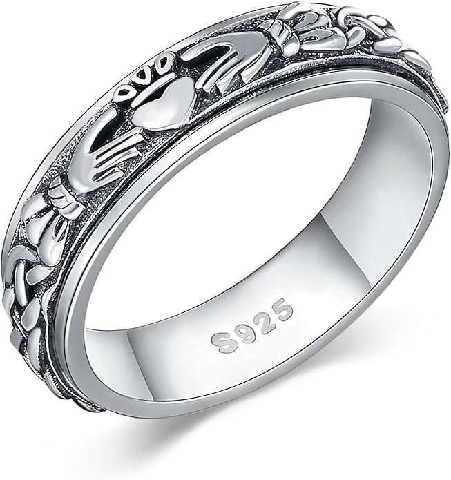 Fidget Spinner Rings 925 Sterling Silver Claddagh Celtic Knot/Moon Star Anxiety Ring Irish Claddagh Jewelry Gifts for Women Girls Men