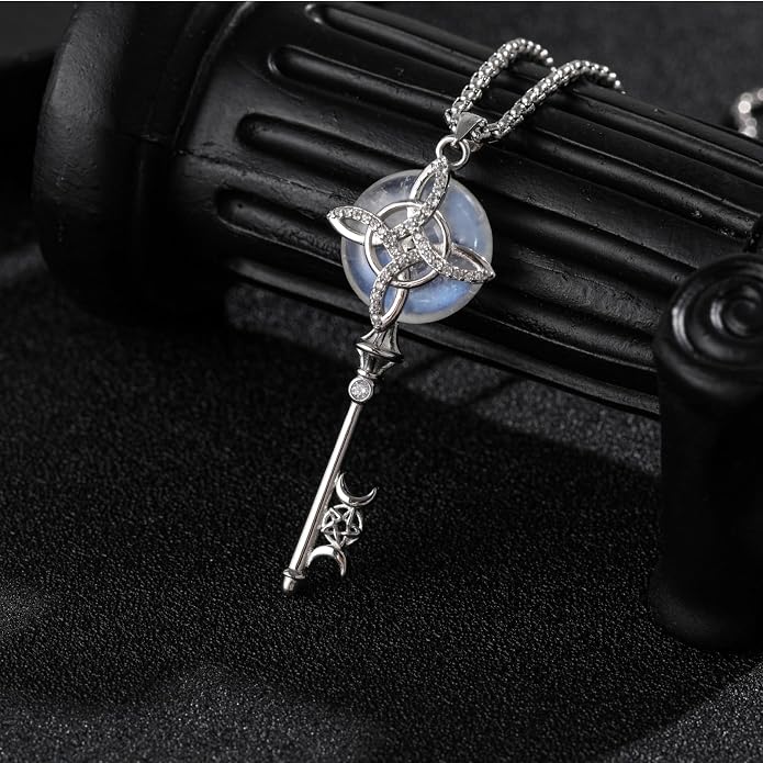 Natural Moonstone Crystal Key Necklace for Women, Retro Triple Moon Key Healing Crystal Wiccan Pagan Jewelry Gift