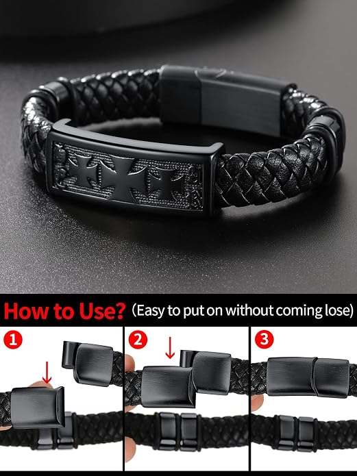 ChainsHouse Mens Wrap Braided Leather Black Bead Bracelets Bangles, Vintage Star of David/Wing Skull/Templar Cross Genuine Leather Bracelet, Customize Available, Size 7.5/8.3/9.0 Inch, Send Gift Box