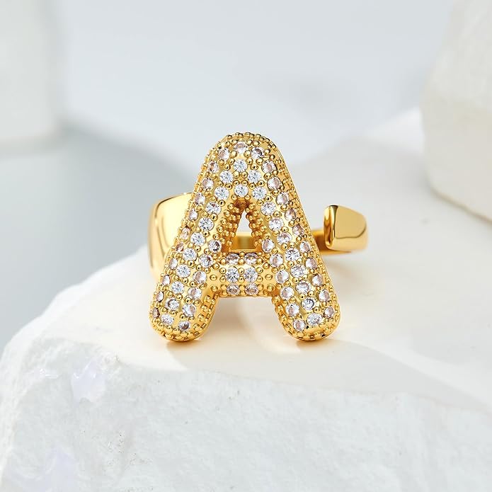 Cicy Bell Initial Rings for Women 14k Gold Plated Cubic Zirconia Delicate Letter Chunky Statement Open Rings Gifts for Her