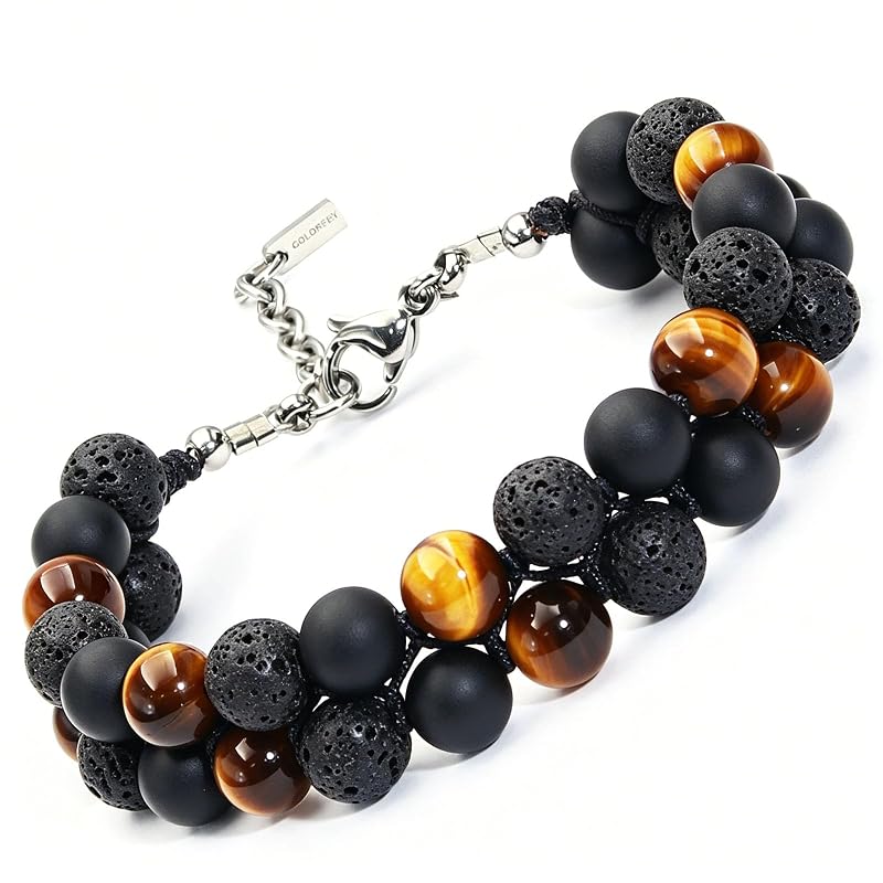 Protection Crystal Beaded Bracelet for Men, Mens Triple Protection Bracelet Tiger Eye Black Onyx Lava Bead Bracelet, Premium Handcrafted 2Row Bracelets Energy Crystal Jewelry for Balance