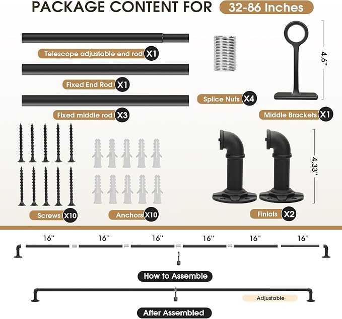 Blackout Curtain Rods 48-84 Inch Adjustable Heavy Duty - 1 Inch Wrap Around Room Darkening Rod for Indoor/Outdoor, Modern Drapery Room Divider