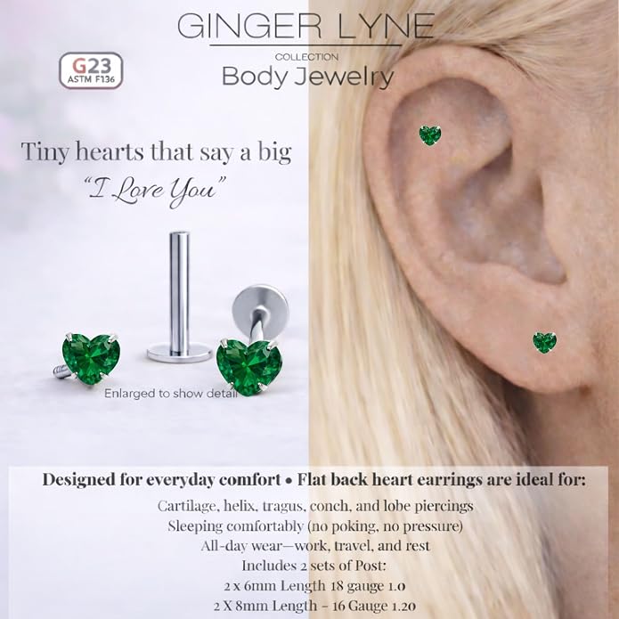 Titanium Heart CZ Labret Stud Earrings for Piercings by Ginger Lyne 6Pc Set G23 Screw Front Flat Back Body Jewelry 2 pair post 6mm, 8mm Cartilage, Helix, Tragus, Lip, Conch, Lobe
