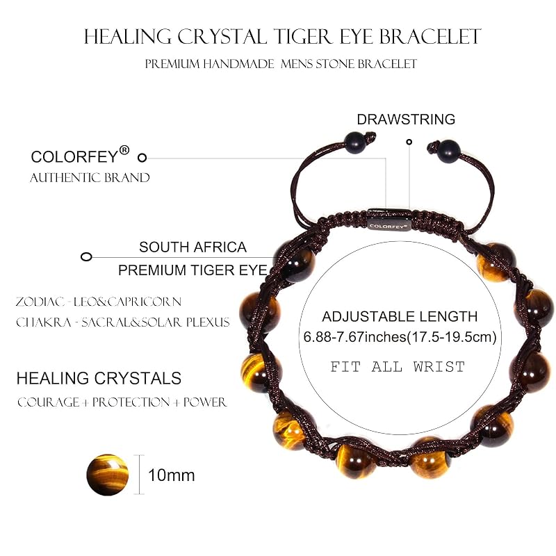 Healing Crystal Tiger Eye Bracelet for Men Women, Premium Handcrafted Real Tiger Eye Beaded Bracelet 10mm, Genuine Men Beaded Bracelets Natural Stone Bracelets for Men Handmade Gifts for Him