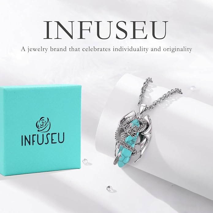 INFUSEU Unique Dragon Necklaces with Healing Crystal Stone for Men Women, Personalized Spiritual Gifts, 24 Inch Chain