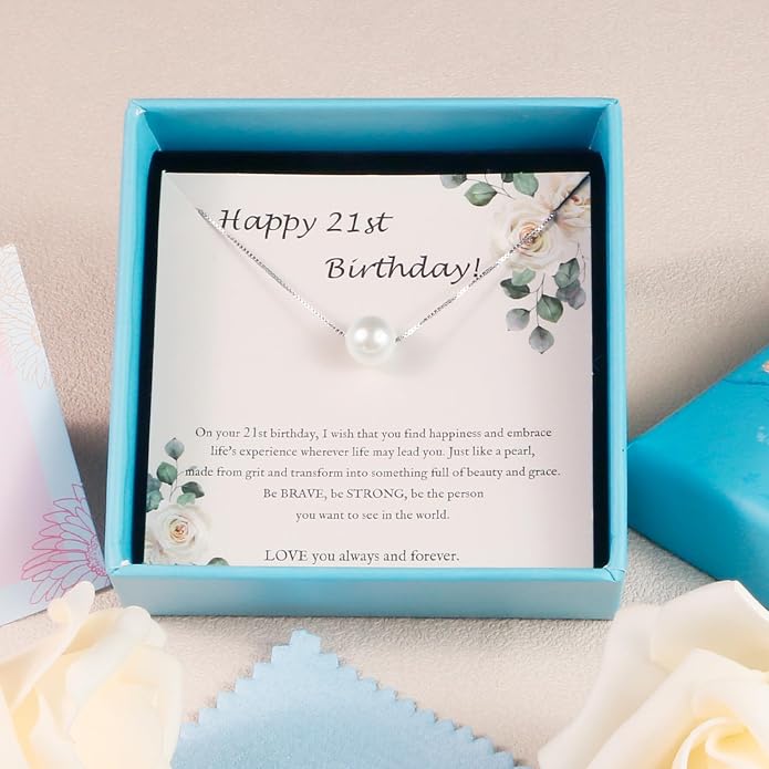 Sereney Sterling Silver Birthday Gifts for Girls Women, Pearl Necklace as 7 9 10 11 13 15 16 18 21 30 40 50 60 Year Old Birthday Gifts, Single Pearl Necklace as Bday Gifts for Friends