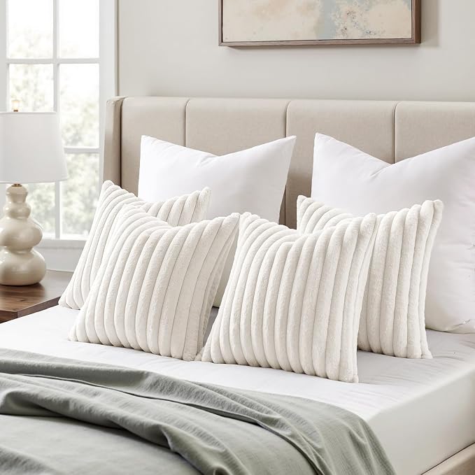 MIULEE Faux Fur Plush Decorative Throw Pillow Covers 18x18 Set of 4, Spring Modern Soft Fuzzy Striped Cushion Covers for Spring Sofa Couch Bed Living Room Cozy Home Decor,Pure White