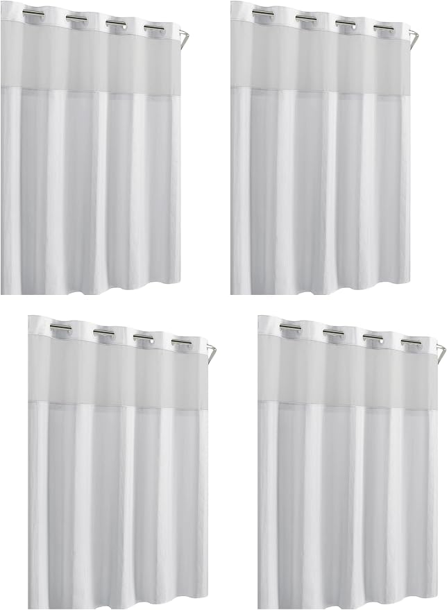 Hookless Waffle Stripe Shower Curtain Bright White 2-in-1 | Sheer Window Design | 71" x 74" | Flex-On Rings | Pack of 4