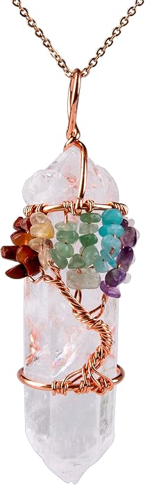 Bivei Life Tree Copper Wire Wrapped Crystal Necklace Chakra Pendant Natural Stone Quartz Reiki Jewelry Gift for Women