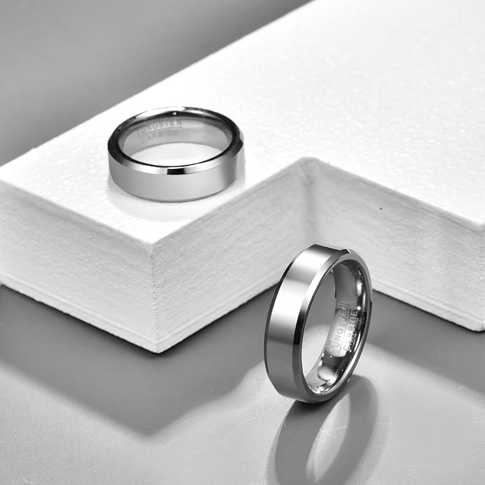 Vakki Tungsten Ring for Men 4mm 6mm 8mm Silver Plain Engagement Wedding Band High Polish Finish and Beveled Edges Comfort Fit Size 5-12