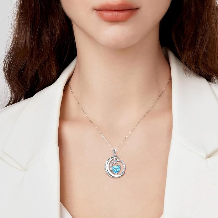 S925 Sterling Silver Birthstone Pendant Necklace Moon Star Necklace Jewelry Gift for Women Anniversary Valentine's day