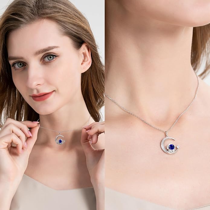 Birthstone Necklace for Women Sterling Silver Moon Pendant Necklaces Anniversary Birthday Fine Jewelry Gifts for Her Women Mother, Adjustable Chain