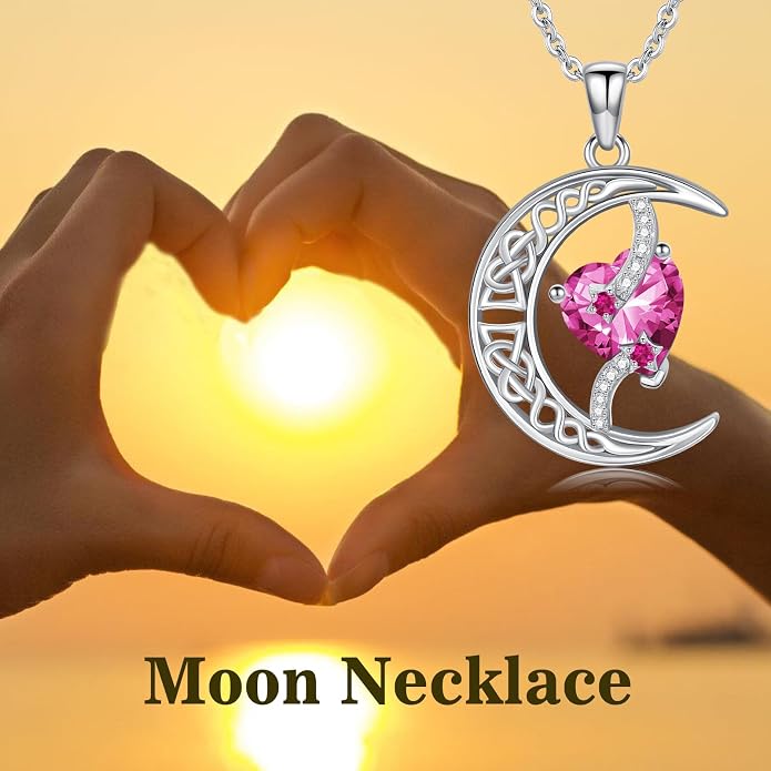 TOUPOP Moon and Star Birthstone Necklace for Women 925 Sterling Silver Celtic Moon Jewelry Birthday Mothers Day Gifts for Mom Wife Her
