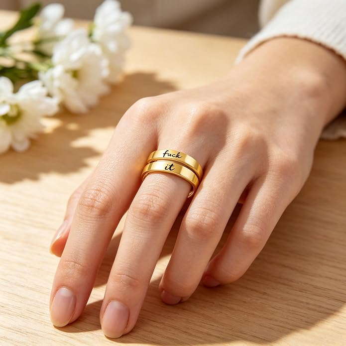 I Fcking Love You Ring, Stainless Steel Engraved Inspirational Words Heart Open Adults Women Vintage Promise Rings Lover Wife Jewelry