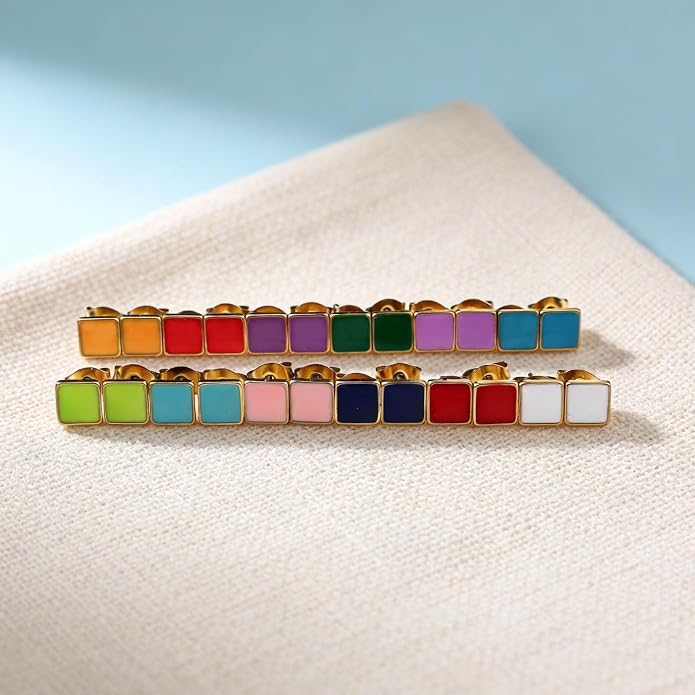 JMLOON 12 Pairs Enamel Flat Back Stud Earrings Surgical Stainless Steel Round Heart Star Square Hexagon Screw Back Stud Earrings