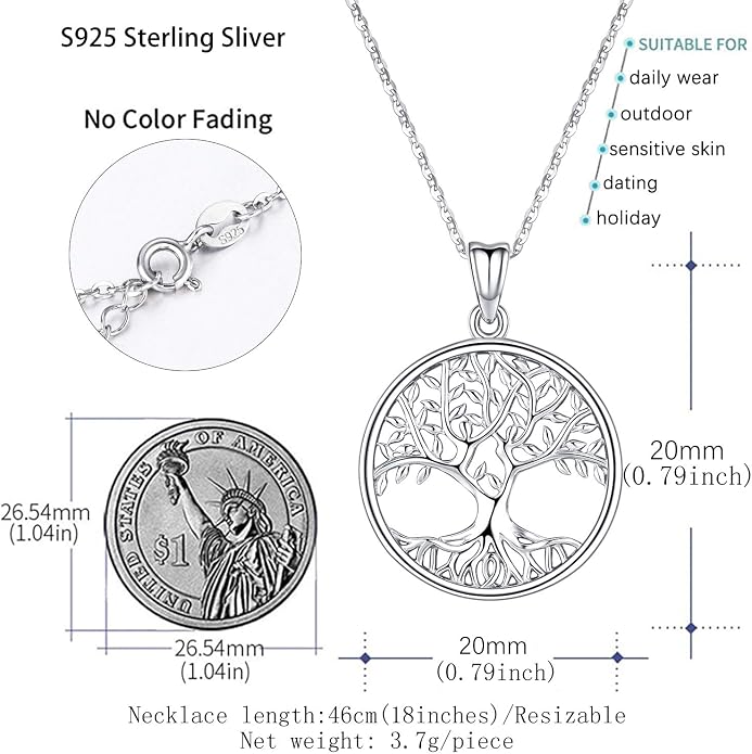 Tree of Life Necklace for Women, Sterling Silver Pendant with 18'' Chain, Jewelry Gifts for Women Grandma Wife Mom (with Gift Box)