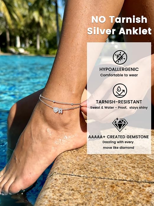 Bestyle Initial Anklet Bracelets for Women Waterproof Non Tarnish 14K Gold/White Gold Plated CZ Anklets for Women Dainty Layered Letter Heart Ankle Bracelets Adjustable Foot Chain Anklet