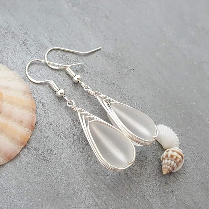Handmade Sea Glass Earrings, Hawaiian Jewelry, Wire Braided Earrings Teardrop Earrings, Beach Jewelry Sea Glass Jewelry For Women Birthday Gift